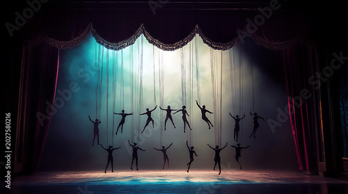 Silhouettes of Dancers Performing on Stage with Dramatic Teal and Warm Spotlights, Theater and Performing Arts Concept