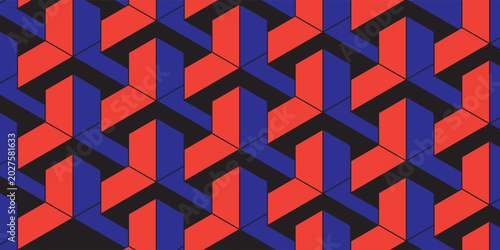 Schilderij op canvas Geometric 3D isometric pattern with interlocking red and blue shapes on a dark background