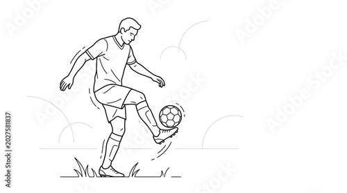 Photos A black and white line art illustration of a male soccer player dribbling a ball