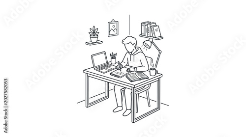 A line art illustration of a young student studying at a desk.
