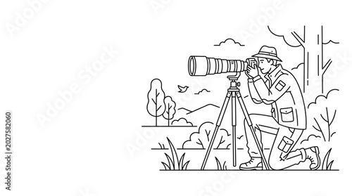 Bild auf Leinwand A line art illustration of a wildlife photographer taking pictures with a camera on a tripod