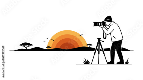 Tableau sur toile A male photographer capturing landscape scenery using a professional camera on a tripod