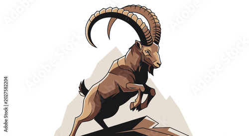 Alpine Ibex Jumping on Rocks, Mountain Wildlife Vector Art