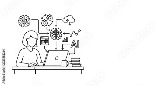 Fotografia A woman working on a laptop surrounded by artificial intelligence and machine learning icons in a line art illustration style