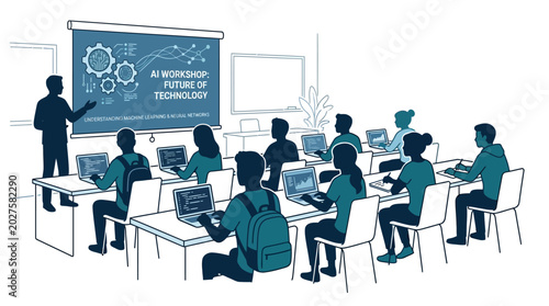 A workshop scene with a speaker and students using computers in a classroom.