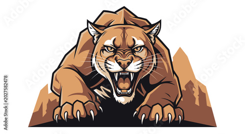 Aggressive Mountain Lion Mascot Roaring, Fierce Predator Illustration