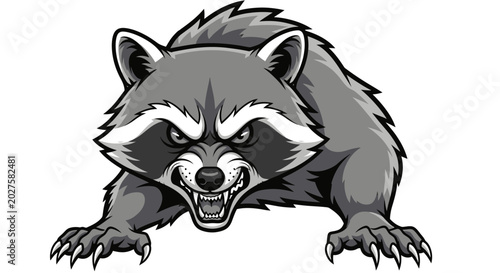 Aggressive Raccoon Mascot Fierce Attack Pose Black and White Illustration