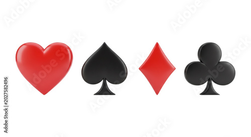 Three dimensional glossy icons representing the four standard playing card suits including heart spade diamond and club symbols 