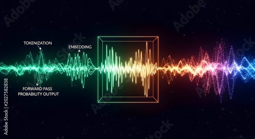 Abstract sound wave visualization with colorful spectrum and digital interface.