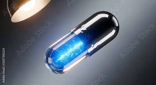 Futuristic glowing capsule with blue energy inside under a spotlight.