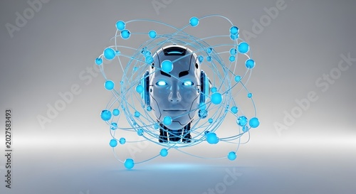 Futuristic robot head with glowing eyes and digital network connections.