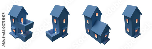 Set of 3D building icons. Houses at night with light from windows.