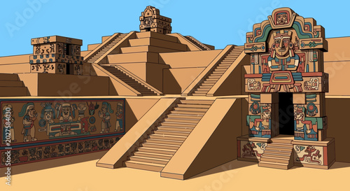 Ancient Mayan Pyramid Complex with Ornate Facade and Hieroglyphs