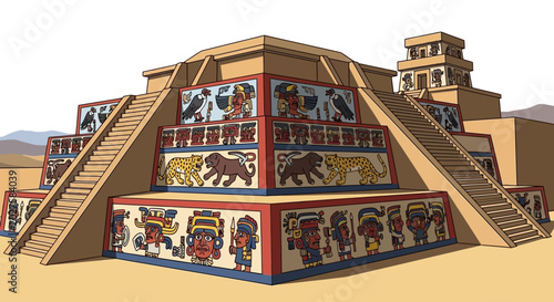 Ancient Mayan Pyramid Temple with Hieroglyphs and Animal Carvings