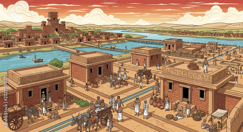 Foto Ancient Mesopotamian Cityscape with River and Ziggurat