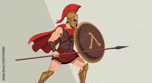 Photos Ancient Spartan Warrior with Spear and Shield, Red Cape, Helmet, Illustration