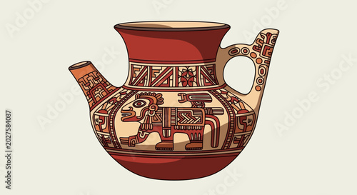 Ancient Peruvian Pottery: Moche Culture Stirrup Spout Vessel with Warrior Motif