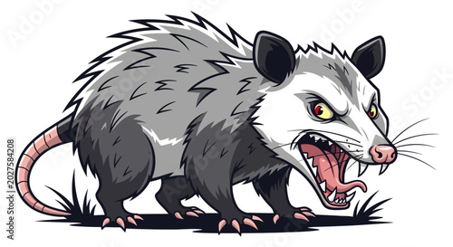 Photos Angry Opossum Growling with Mouth Open, Aggressive Wildlife Illustration