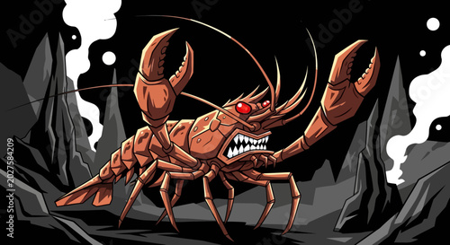 Cuadro en lienzo Angry Monster Lobster with Red Eyes in Dark Cave