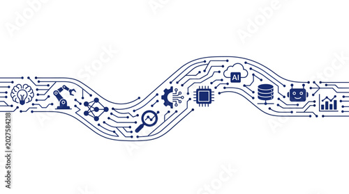 Quadro su tela Abstract technology circuit board pathway with digital icons.