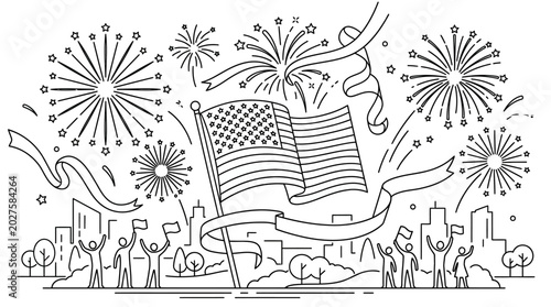 Foto American flag with celebratory fireworks and cheering people in a hand drawn sketch style