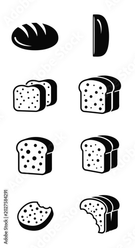 Bild auf Leinwand Assorted Bread Slices and Loaves Icons - Black and White Food Graphic Set