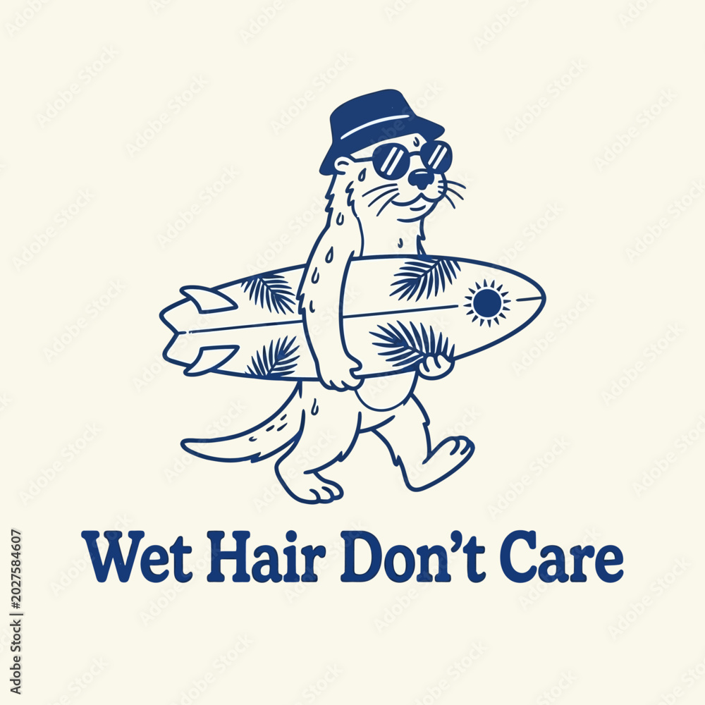 Obraz premium Otter wearing sunglasses and hat surfing.