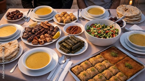 Assorted Middle Eastern Cuisine with Stews, Salad, and Breads on Table