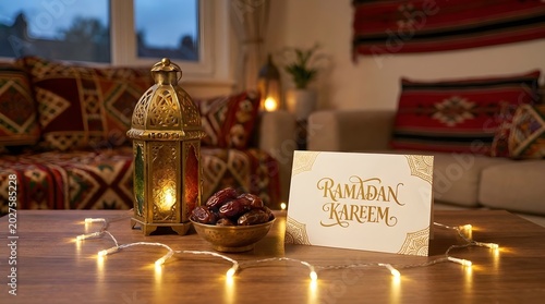 Cozy Living Room Decor with Ramadan Kareem Card Lantern Candle and Dates