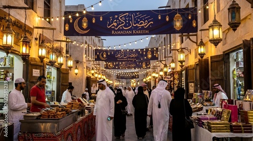 Vibrant Ramadan Night Market Scene with Lanterns and Merchants