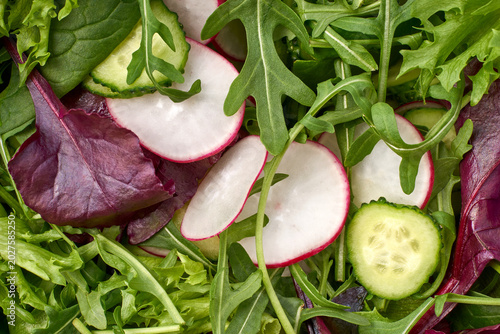 Overhead view of gardenfresh salad. Vibrant agricultural greens with crisp garden vegetables
