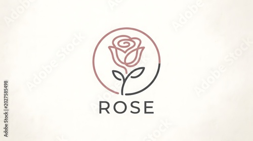 Minimalist Line Art Logo of a Rose with Circular Frame and the Word 