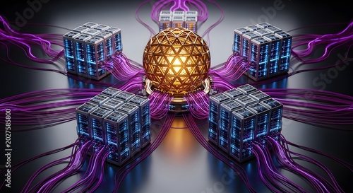 Futuristic Network Connection with Central Golden Orb and Cube Nodes.