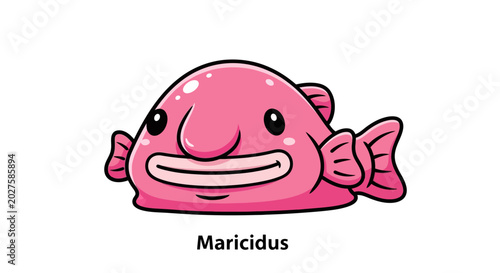 Tablou pe pânză Cartoon Blobfish Character Named Maricidus, Cute Pink Deep Sea Fish