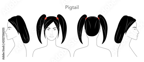 Fotografía Bunches Pigtail hairstyle black white vector front back profile views, double po