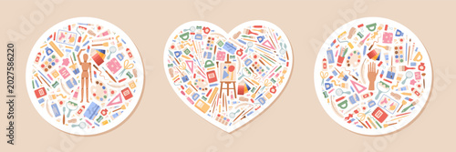 Fotografie Cartoon artist tool sticker set on soft white background