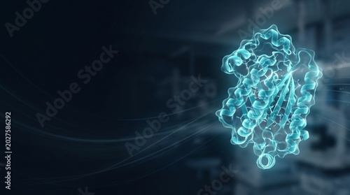 A glowing blue protein molecule structure with a dark background and subtle light trails.