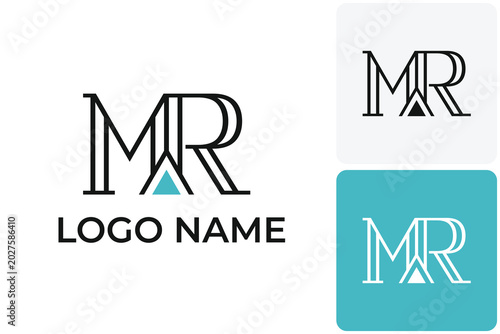 A linear typography logo design featuring interlocking uppercase letters M and R made of fine parallel lines with a small cyan triangle highlighting the central peak. The template comes in three color