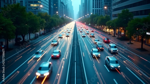 Blue driverless metro‑style bus on a heavily trafficked avenue with AI‑vision overlays marking cars and pedestrian crossings