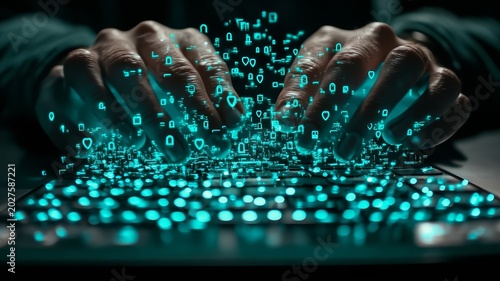 Close up of human hands typing on glowing blue keyboard with digital code particles floating around technology workspace