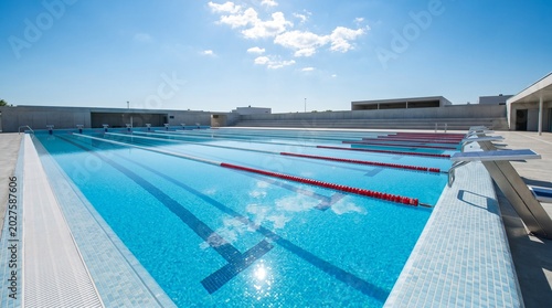 A bright, sunny day illuminates a pristine outdoor Olympic-sized swimming pool with clear blue water and marked lanes.