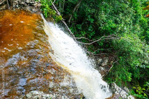 Obraz na płótnie Water flows swiftly over rocky edges into a natural pool, surrounded by lush green foliage in Guaviare, Colombia