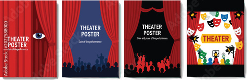 Theater posters, red curtain design, stage performance, audience silhouettes, dramatic masks, colorful icons, performance promotion, creative layout, flat vector illustration