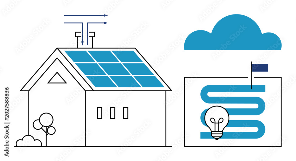 Naklejka premium Renewable energy. A home with solar panels and sustainable living symbols renewable energy solutions. Renewable resources and energy efficiency. For green tech, energy solutions, environment
