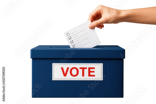 Hand casting vote into ballot box on transparent background