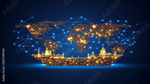 Glowing digital world map linked to a cargo ship representing global trade and logistics connectivity network concept art