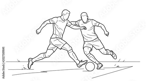 Quadro em tela Black and white line art illustration of two soccer players competing for the ball