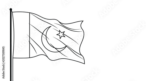 Black and white line art illustration of the Pakistan national flag waving on a pole.