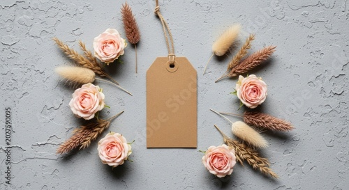 Rustic Kraft Tag Mockup Framed by Pink Roses and Dried Grass on Concrete