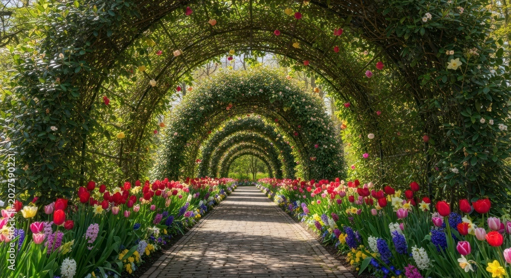 Fototapeta premium Sunlit Walkway Through a Verdant Arch Tunnel Lined with Colorful Spring Flowers